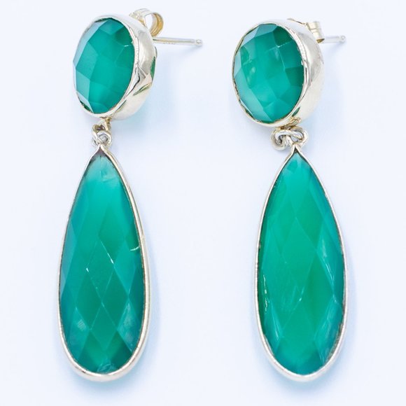 Green Agate in Silver/Yellow Gold Plated Earrings - Picture 2 of 9